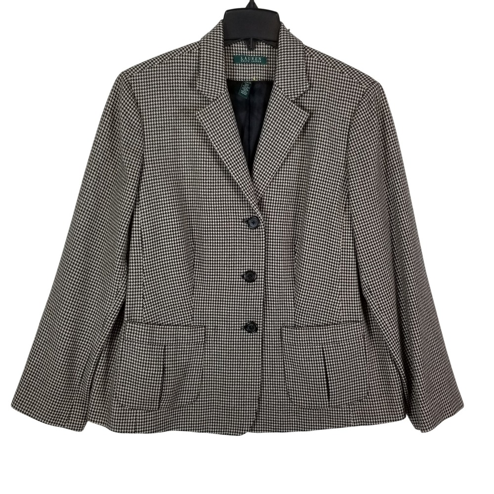 Lauren Ralph Lauren Blazer Womens 14 Tan Black Wool Houndstooth 3-Button Jacket